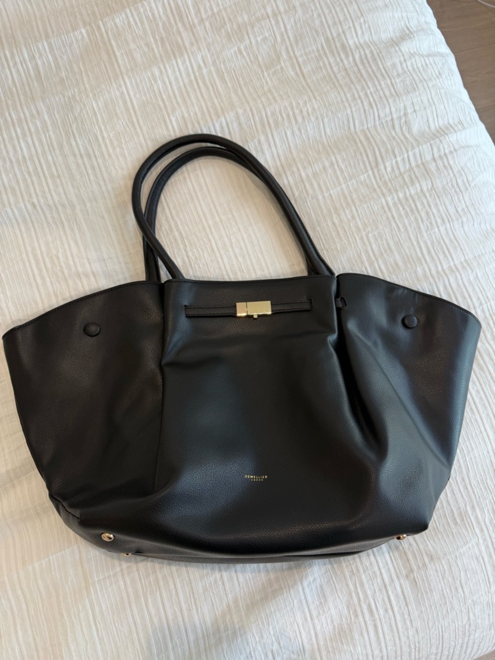 DeMellier London Classic Black Leather Tote Bag with Gold Accent